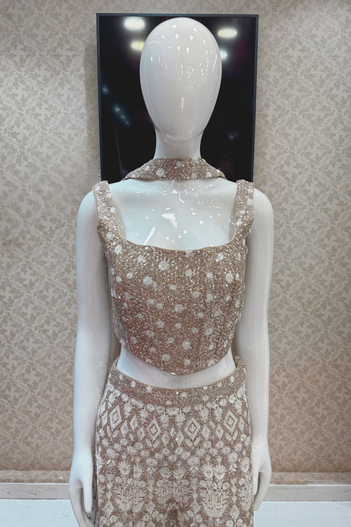 Beige Sequins, Stone and Thread work Crop Top with Palazzo Pant