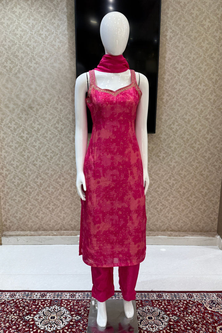 Pink Stone, Zari, Zardozi and Mirror work Straight Cut Salwar Suit