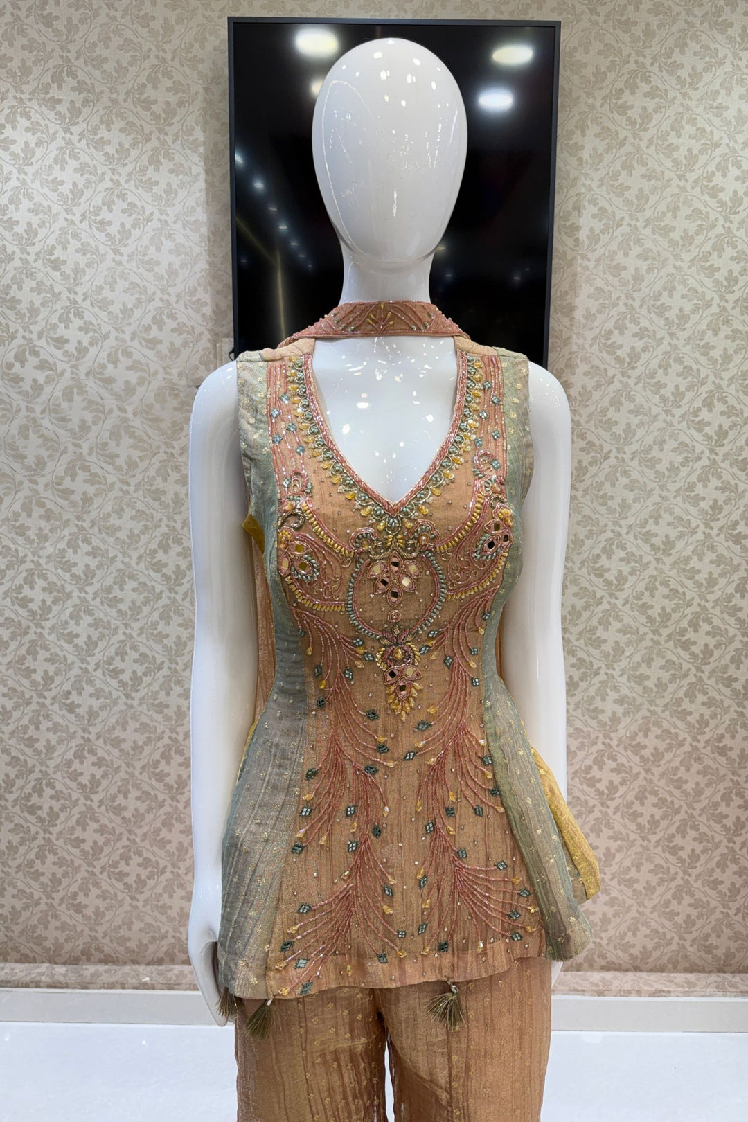 Multicolor Palazzo Set with Zari, Beads, Mirror, Stone and Zardozi work Peplum Top