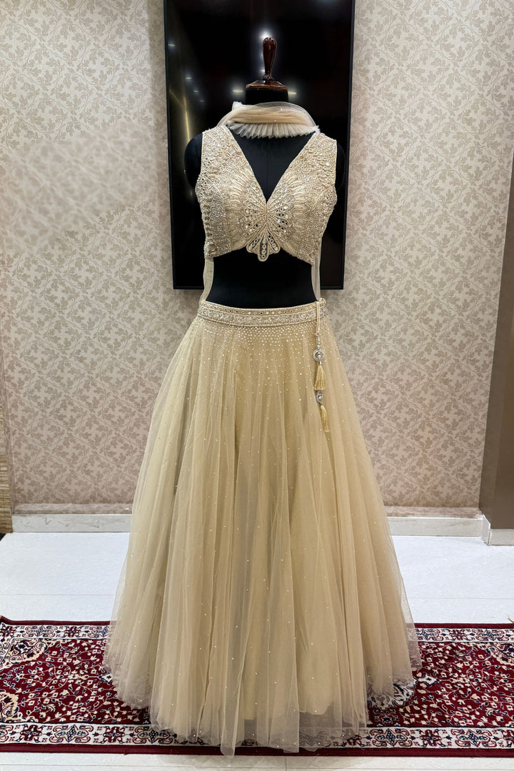 Beige Mirror, Beads, Sequins, Thread and Stone work Crop Top Lehenga