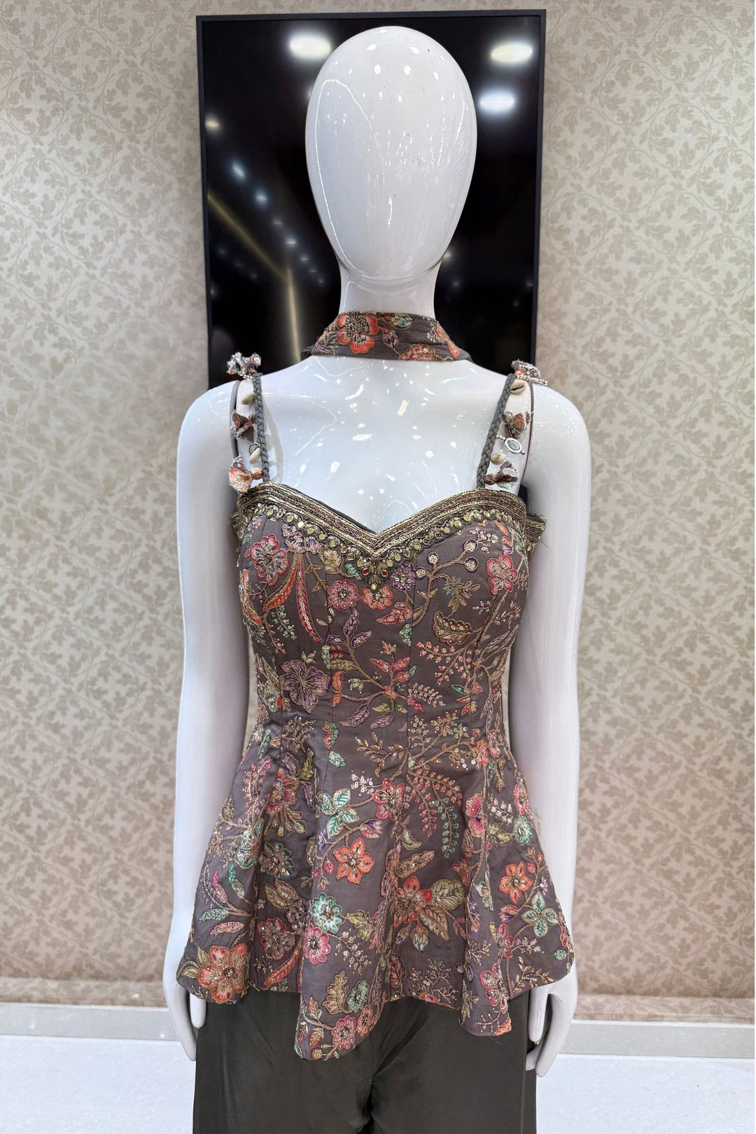 Grey Floral Print Peplum Top and Flared Palazzo Set with Zari and Beads work