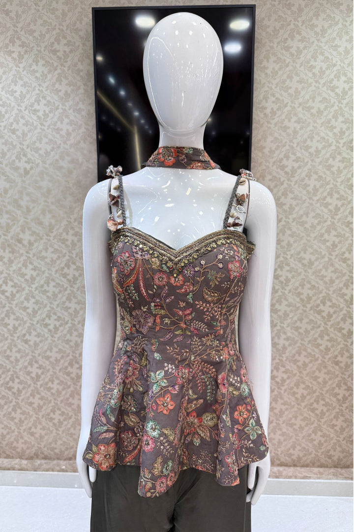 Grey Floral Print Peplum Top and Flared Palazzo Set with Zari and Beads work