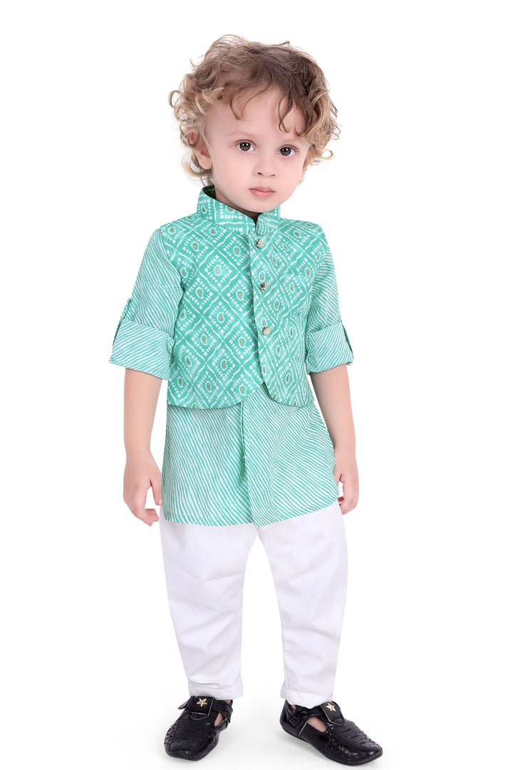 Sea Green with White Digital Print Waist Coat Kurta Set for Boys