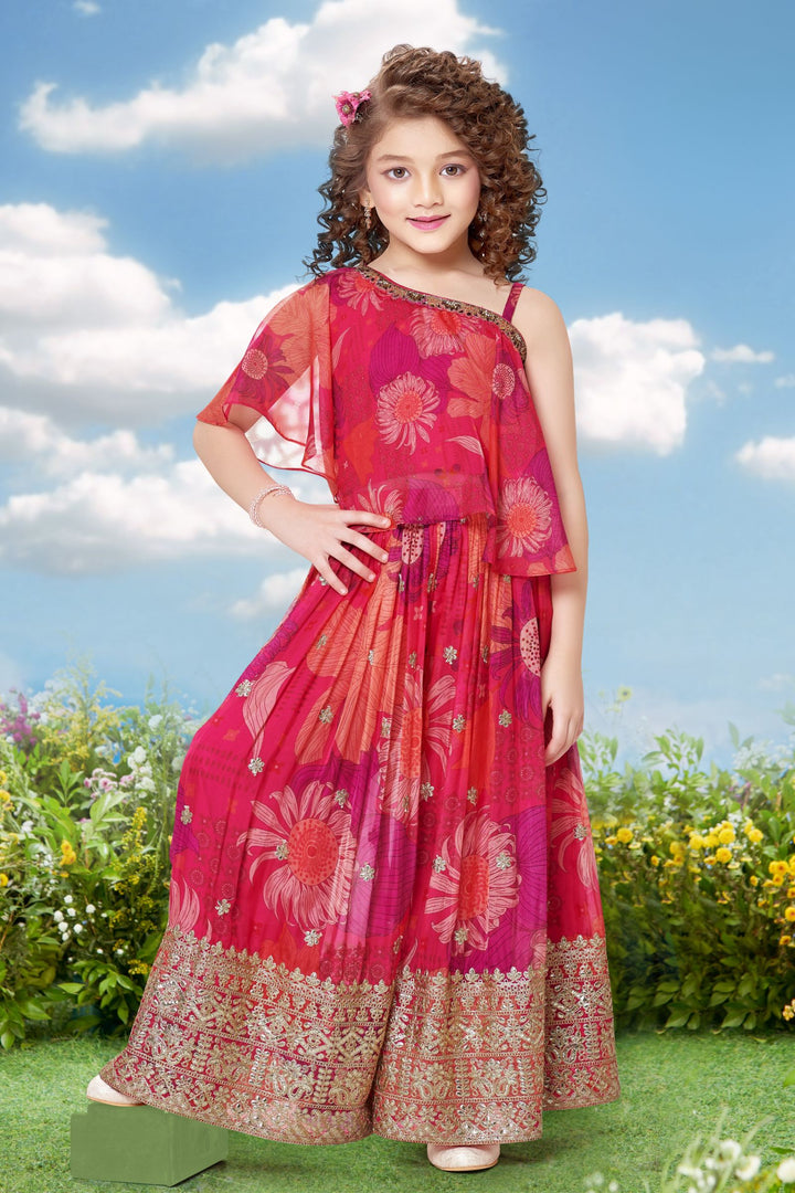 Rani Pink Sequins, Zari, Mirror and Beads work Poncho Styled Palazzo Set For Girls