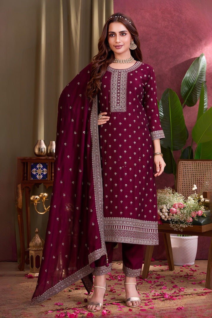 Wine Sequins and Zari work Straight Cut Salwar Suit