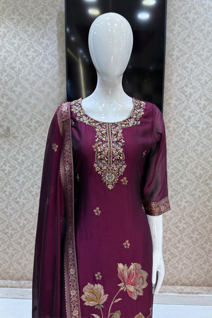 Wine Beads, Sequins, Zari, Stone, Banaras and Jacquard work Straight Cut Salwar Suit