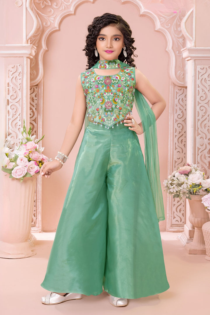 Sea Green Sequins, Beads and Multicolor Embroidery work Palazzo Suit Set for Girls