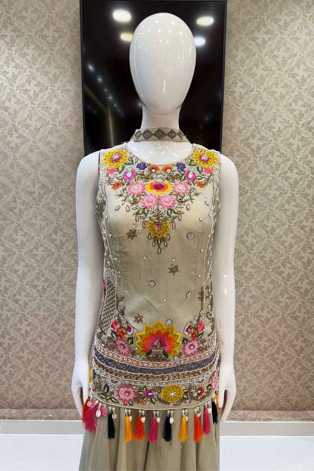 Designer Palazzo Set with Multicolor Embroidery, Beads, Zari, Sequins and Pearl Work
