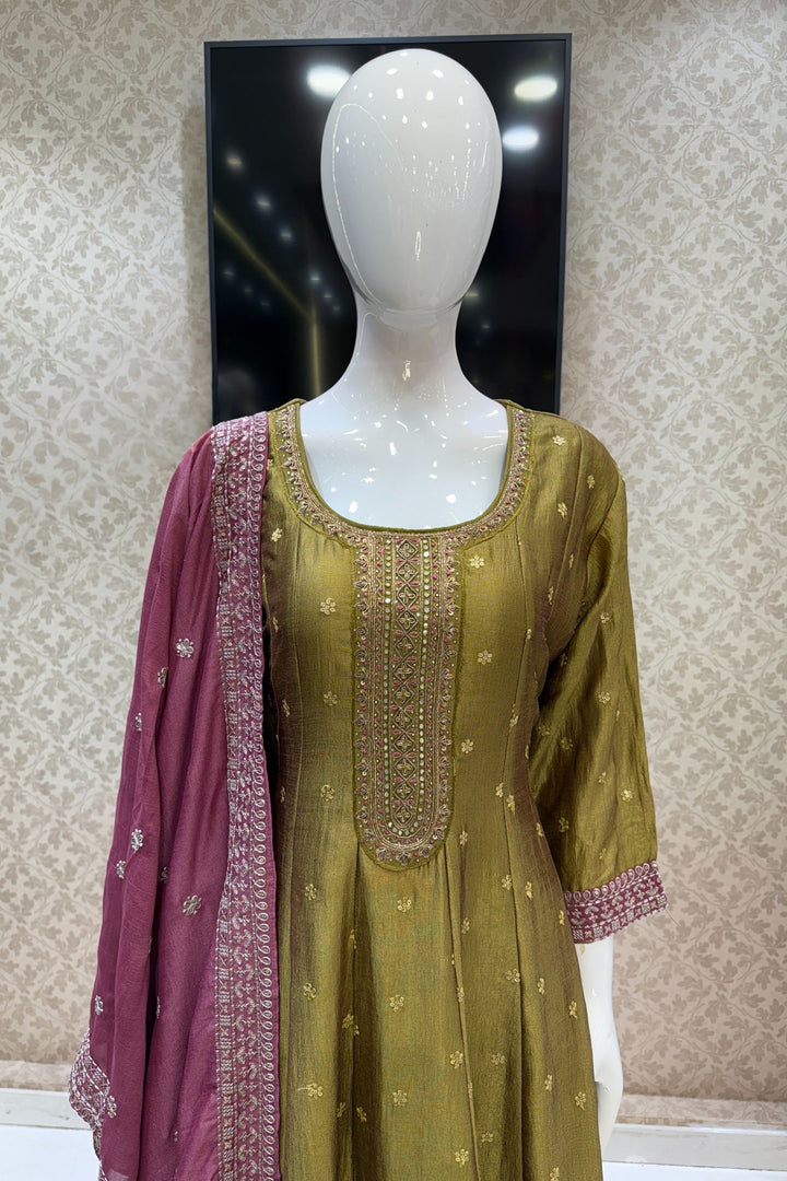 Olive Green Beads, Zardozi, Thread, Sequins, Stone and Zari work A-line Cut Salwar Suit