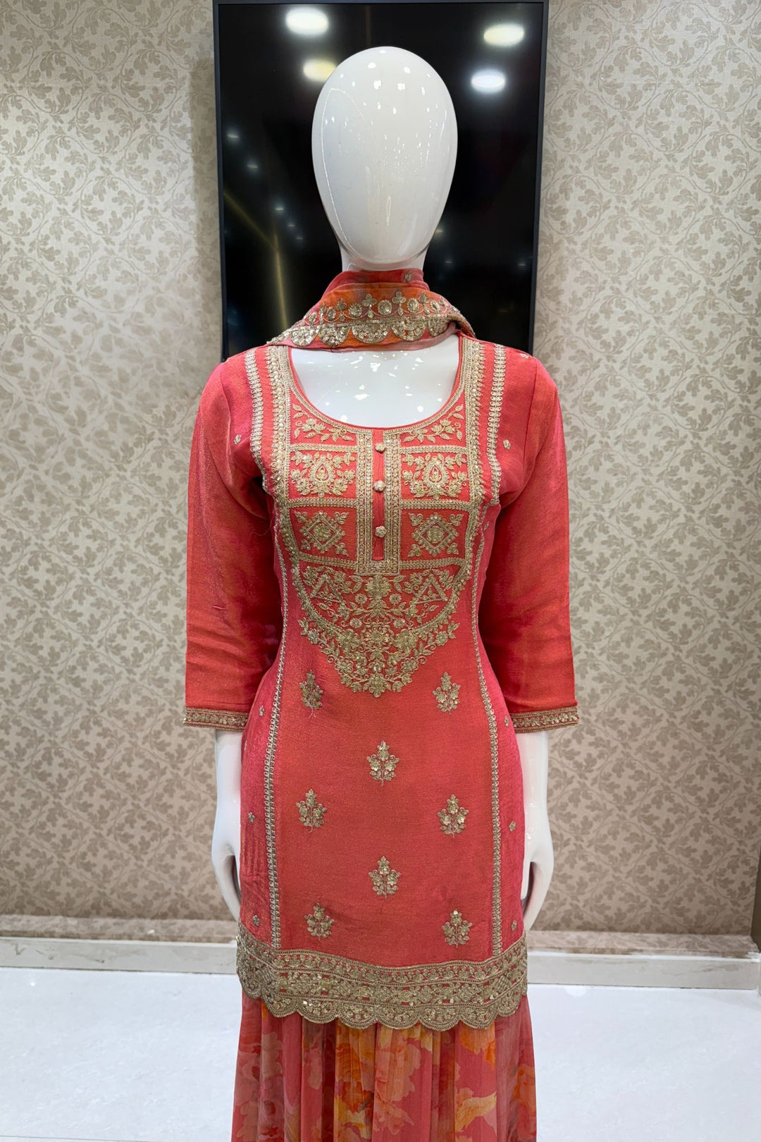 Tomato Red Zari and Sequins work with Digital Print Palazzo Salwar Suit