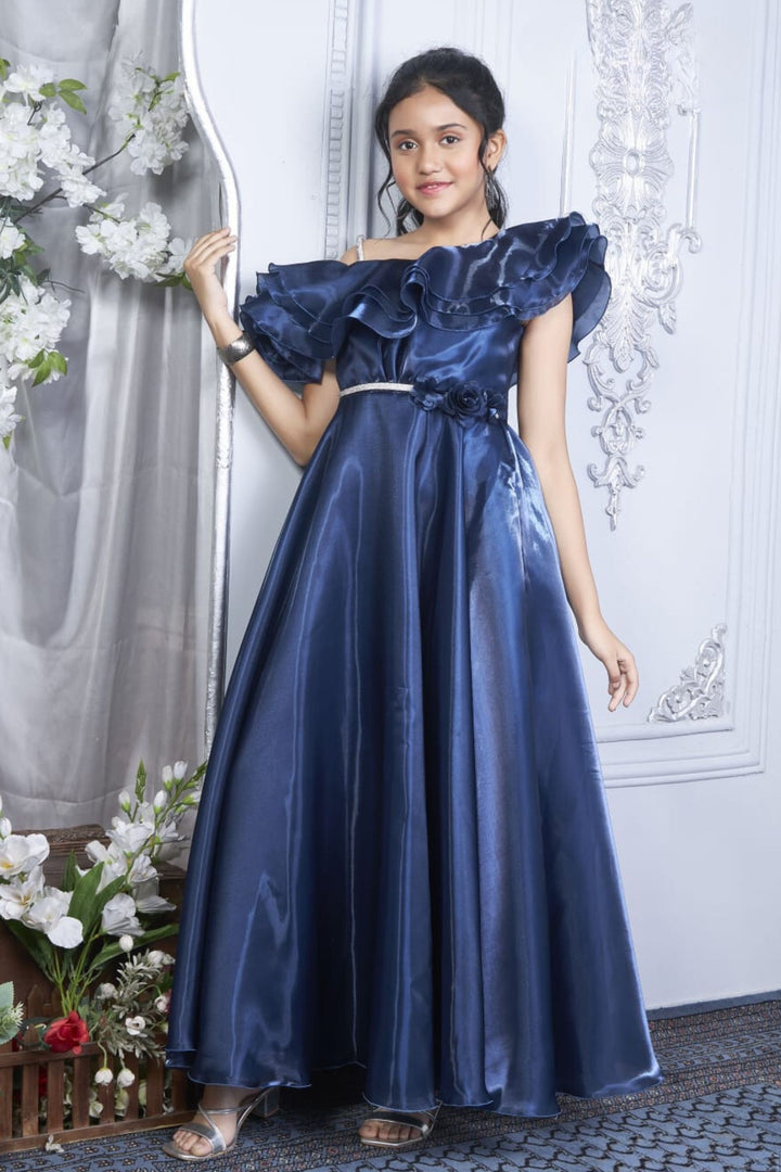 Blue Stone work Long Party Gown for Girls