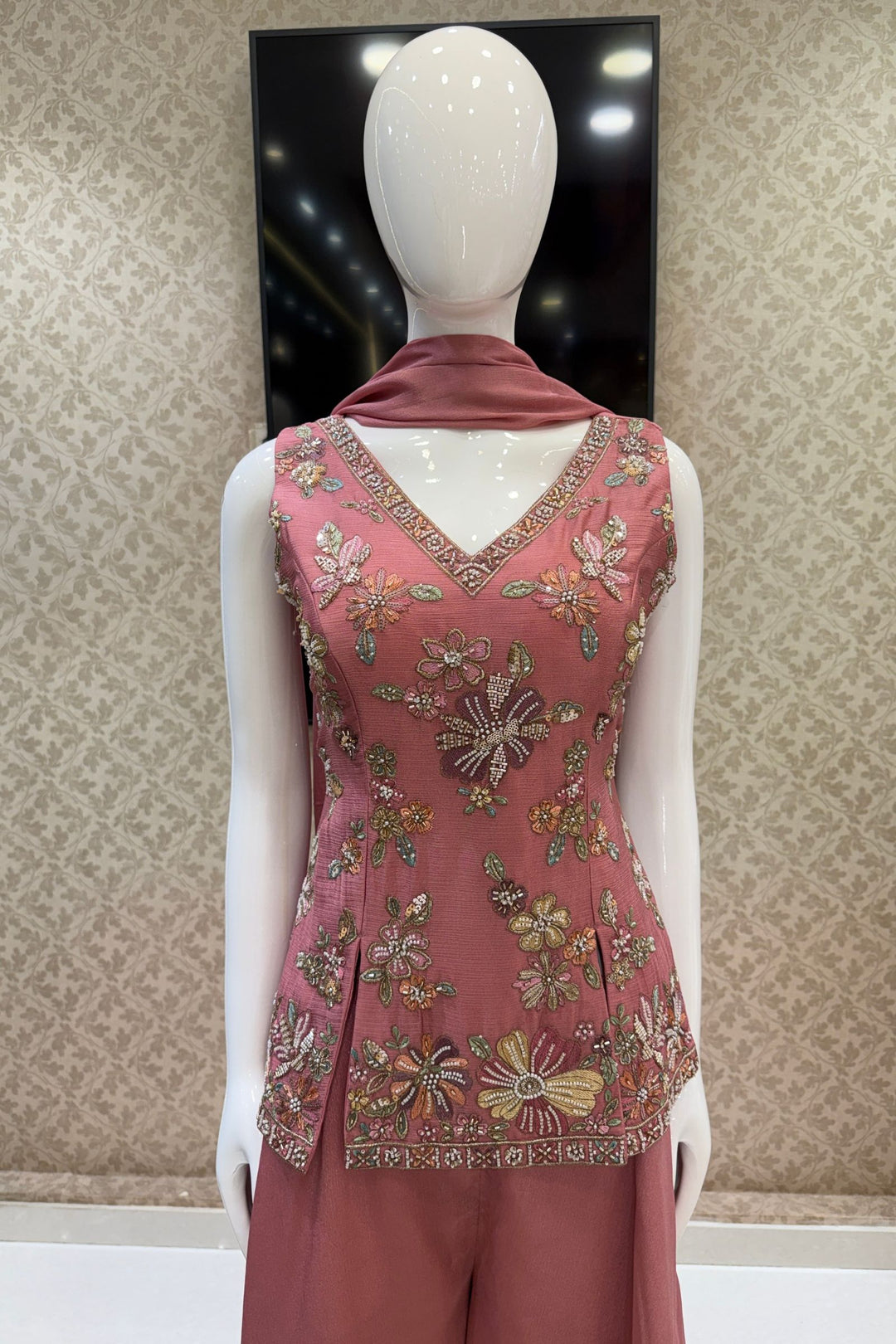Onion Pink Palazzo Set Featuring All-Over Multicolor Embroidery, Beads, Sequins and Zari