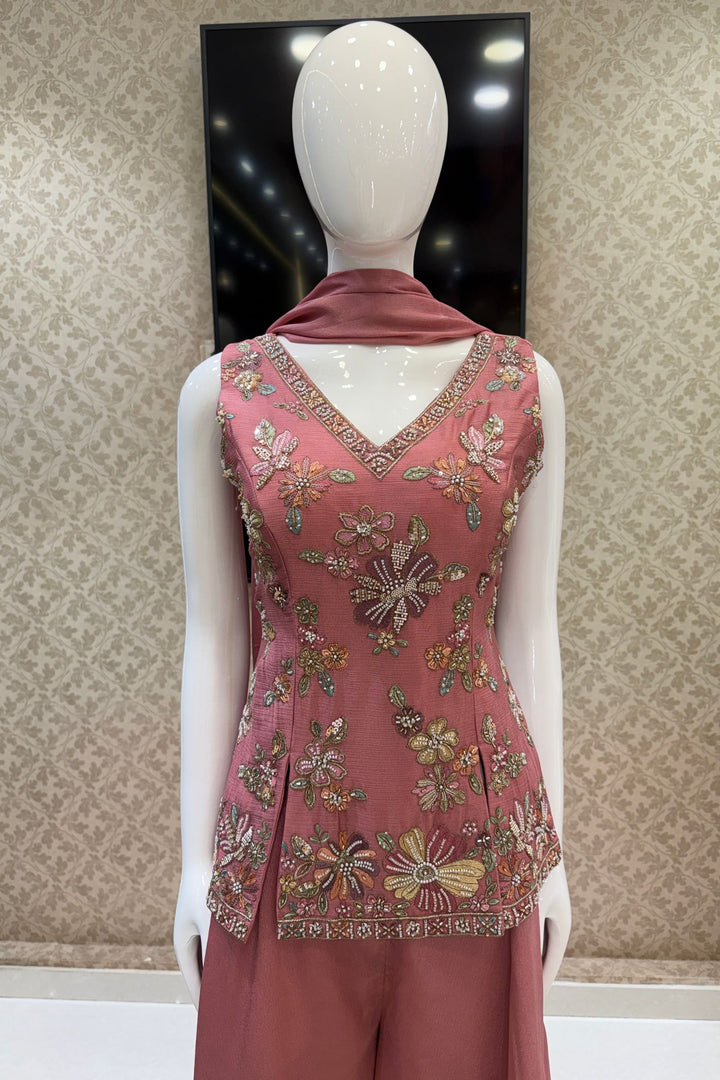 Onion Pink Palazzo Set Featuring All-Over Multicolor Embroidery, Beads, Sequins and Zari