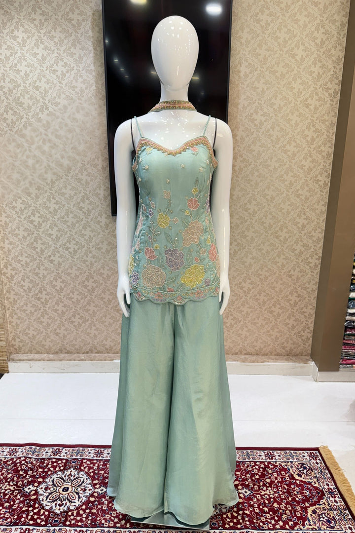 Sea Green Multicolor Thread, Stone, Zardozi, Sequins and Beads work Palazzo Salwar Suit
