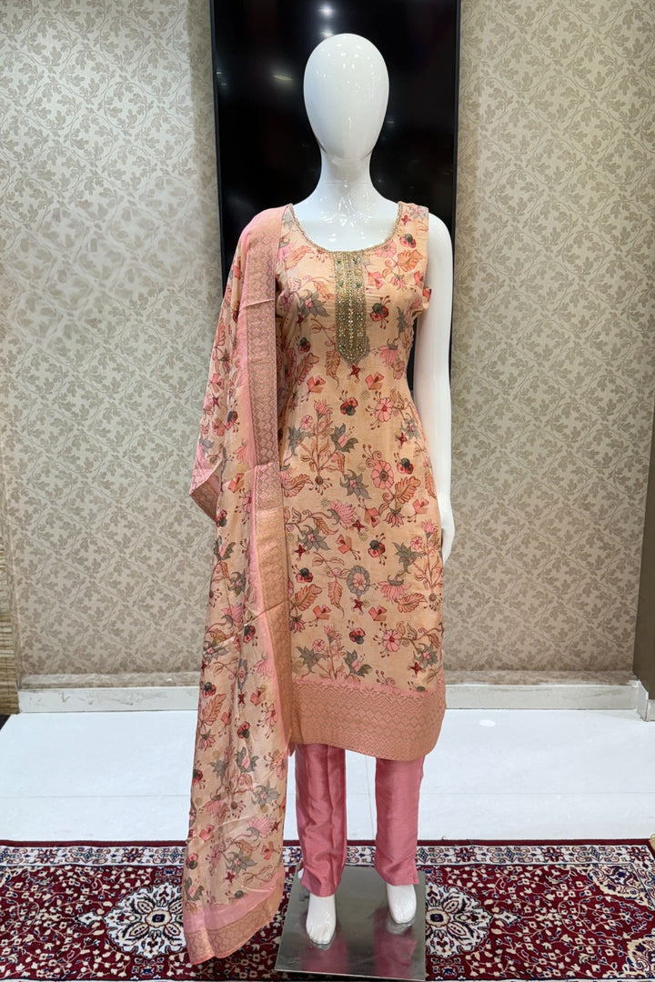 Peach Stone, Zadozi, Beads, Mirror and Zari Weaving work Straight Cut Salwar Suit