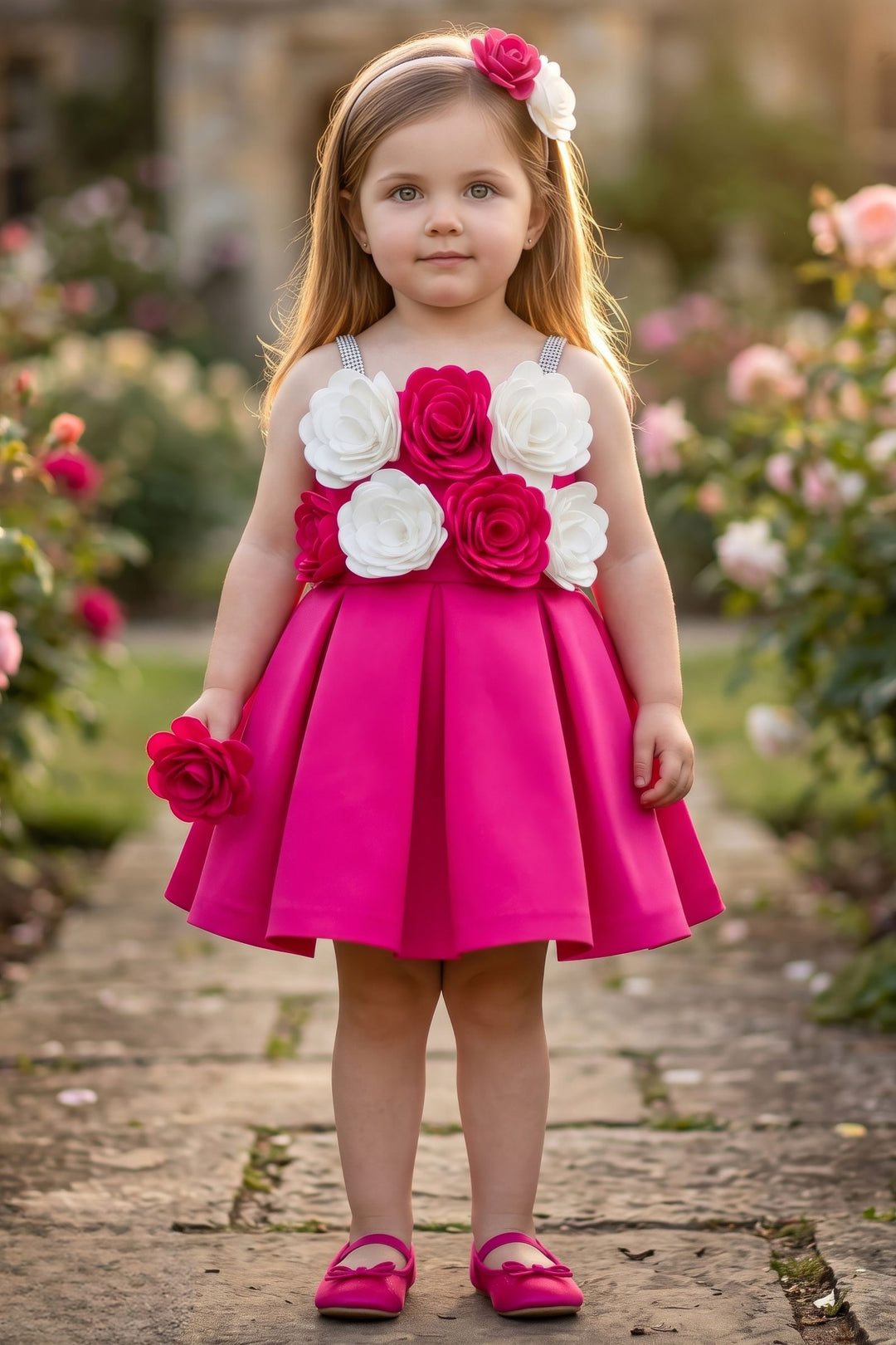 Tomato Red Floral Applique Short Partywear Frock for Girls