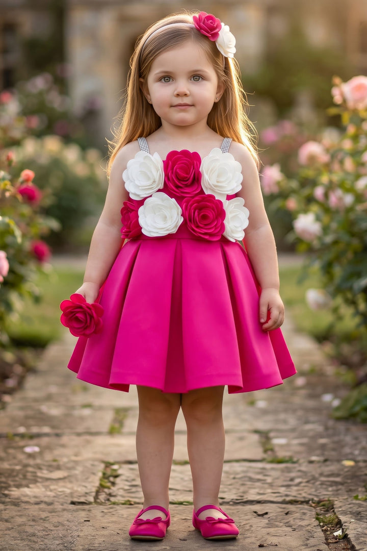 Tomato Red Floral Applique Short Partywear Frock for Girls