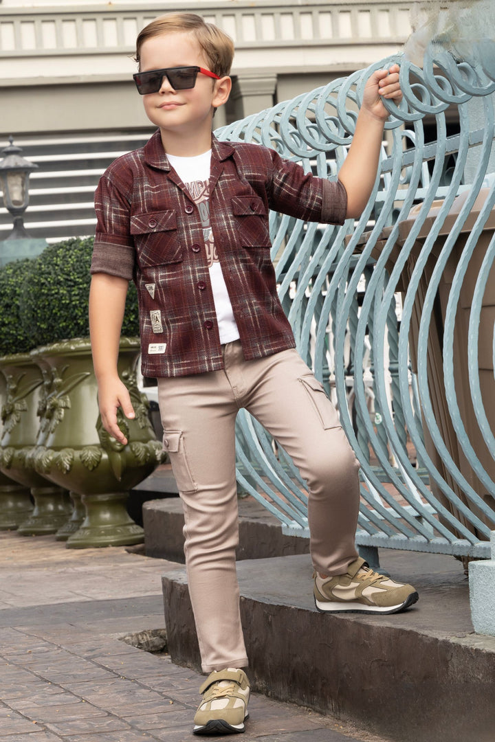 Brown with White Printed Blazer, T-Shirt and Light Grey Pant Set for Boys with Belt