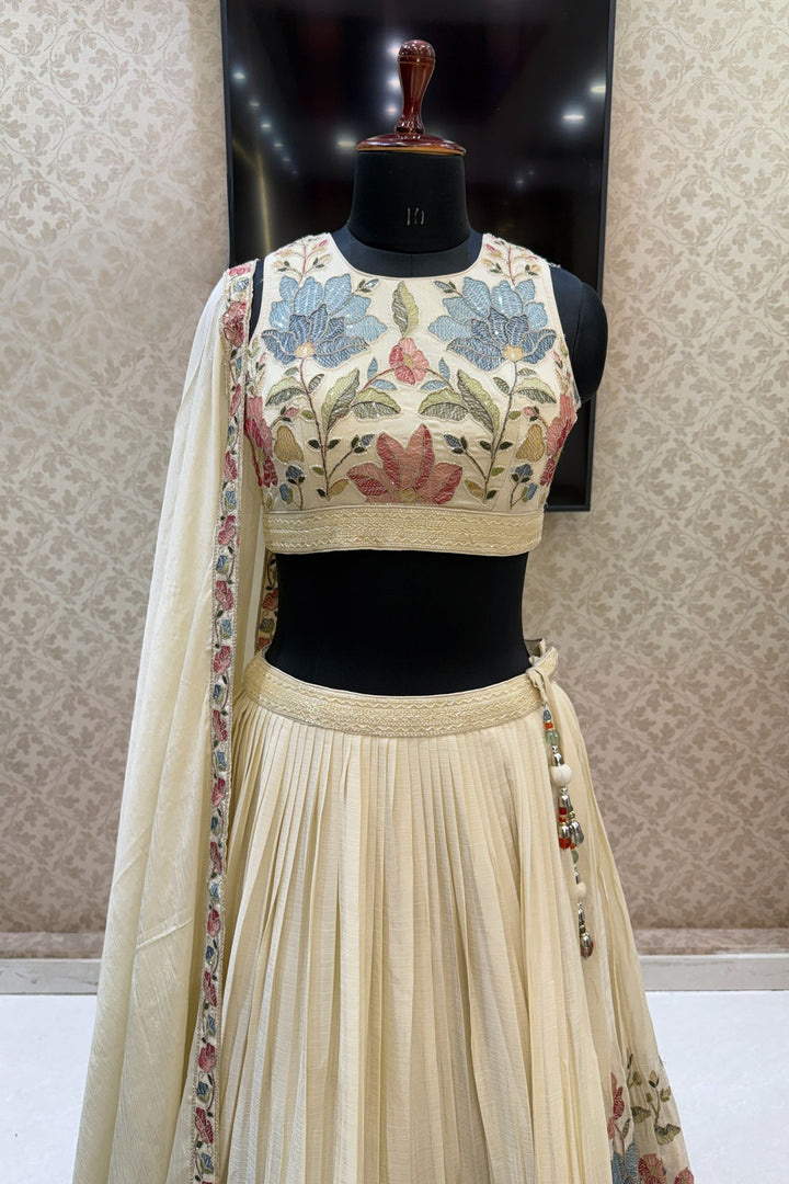 Cream Multicolor Thread, Beads, Zari Thread and Sequins work Crop Top Lehenga