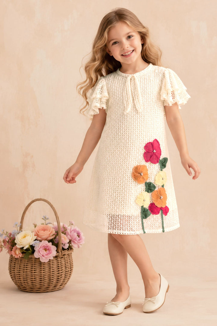 Cream Flower Applique Short Frock For Girls
