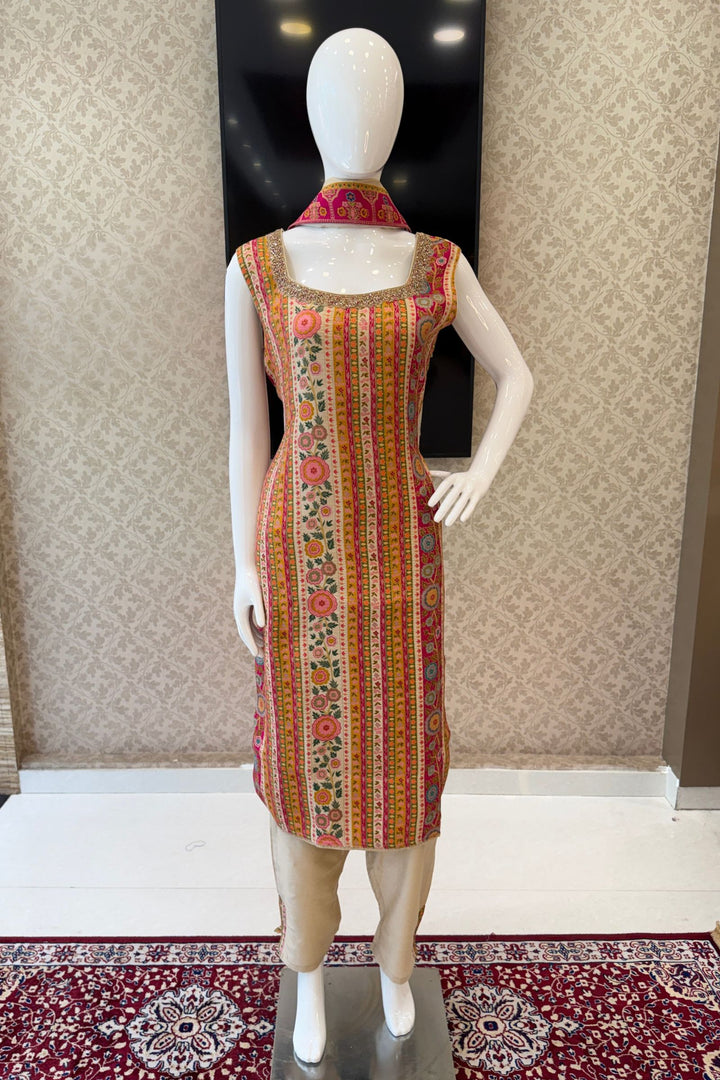 Beige Banaras, Beads and Zardozi work with Multicolor Digital Print Straight Cut Salwar Suit