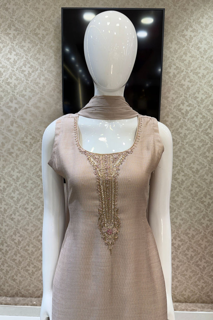 Beige Zardozi, Thread, Mirror, Stone and Zari work Straight Cut Salwar Suit