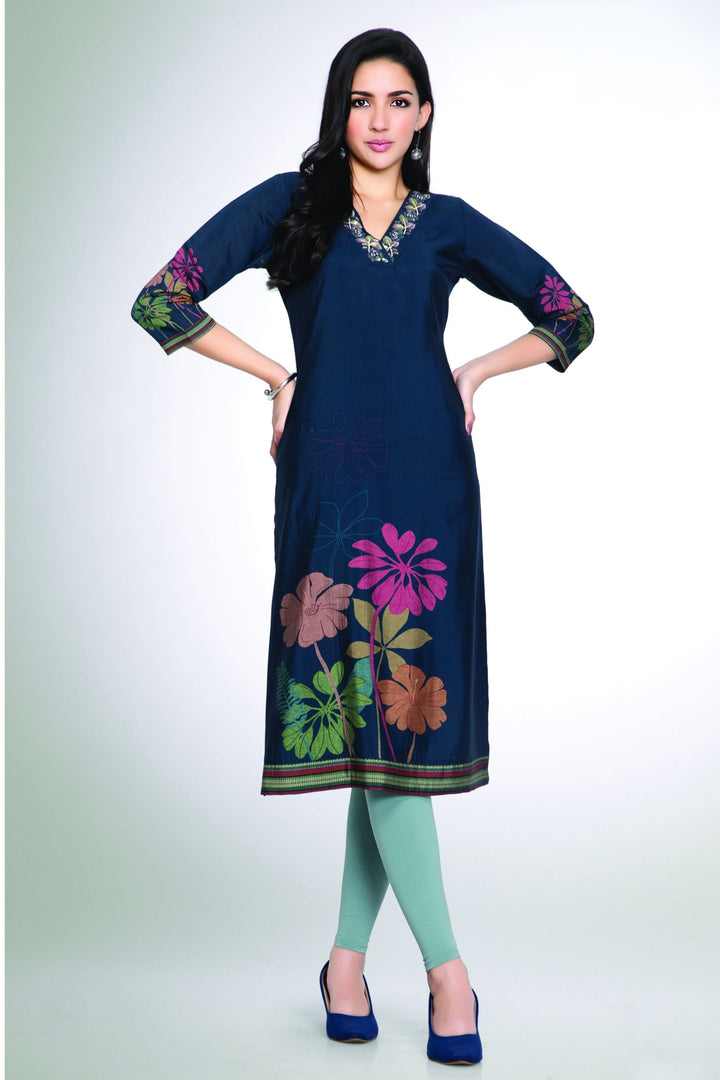 Peacock Blue Sequins and Beads work with Floral Print Calf Length Kurti
