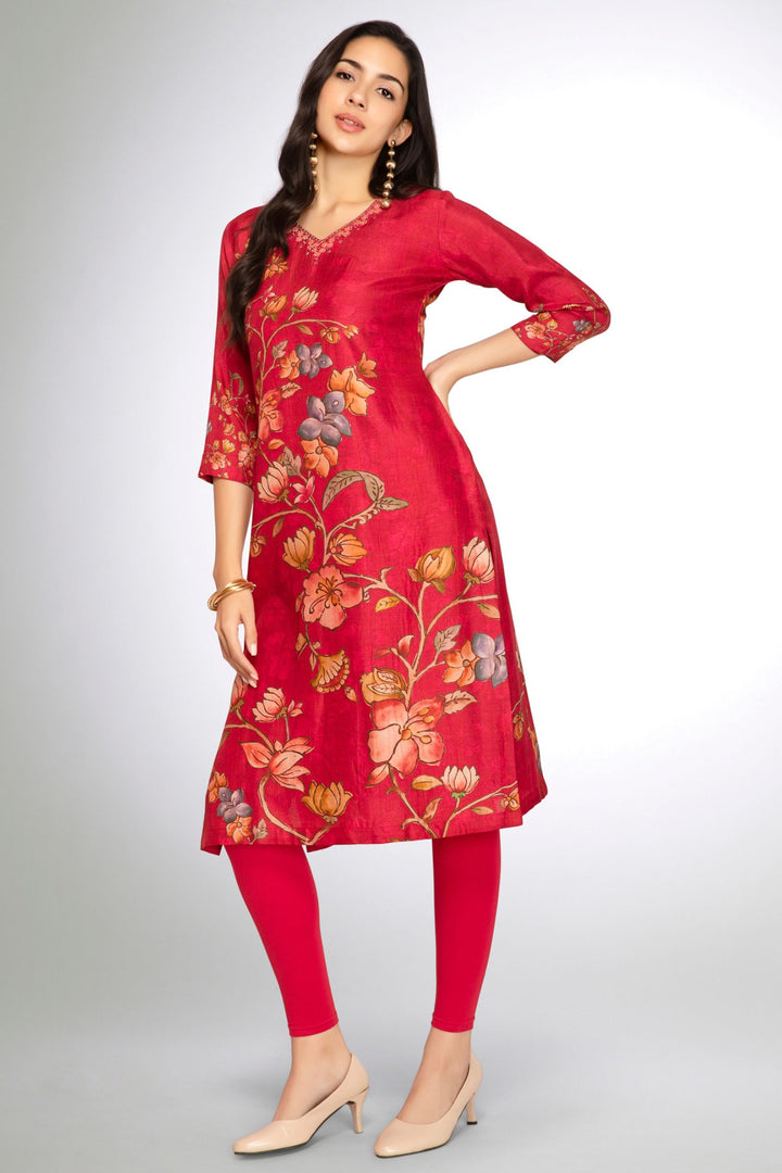 Tomato Red Mirror, Zari and Thread work with Floral Print Calf Length Kurti