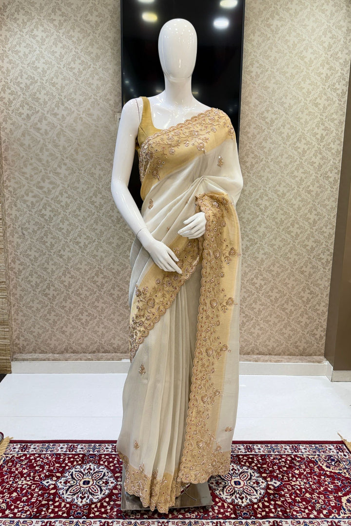 Cream Beads and Zari work Saree