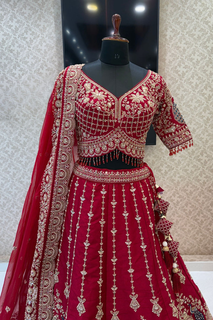 Red Beads, Sequins and Zari work Bridal Lehenga with Intricate Peacock and Elephant Motifs