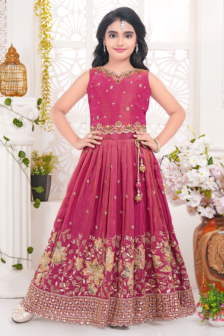 Rani Pink Sequins, Beads and Stone work with Floral Print Lehenga Choli for Girls