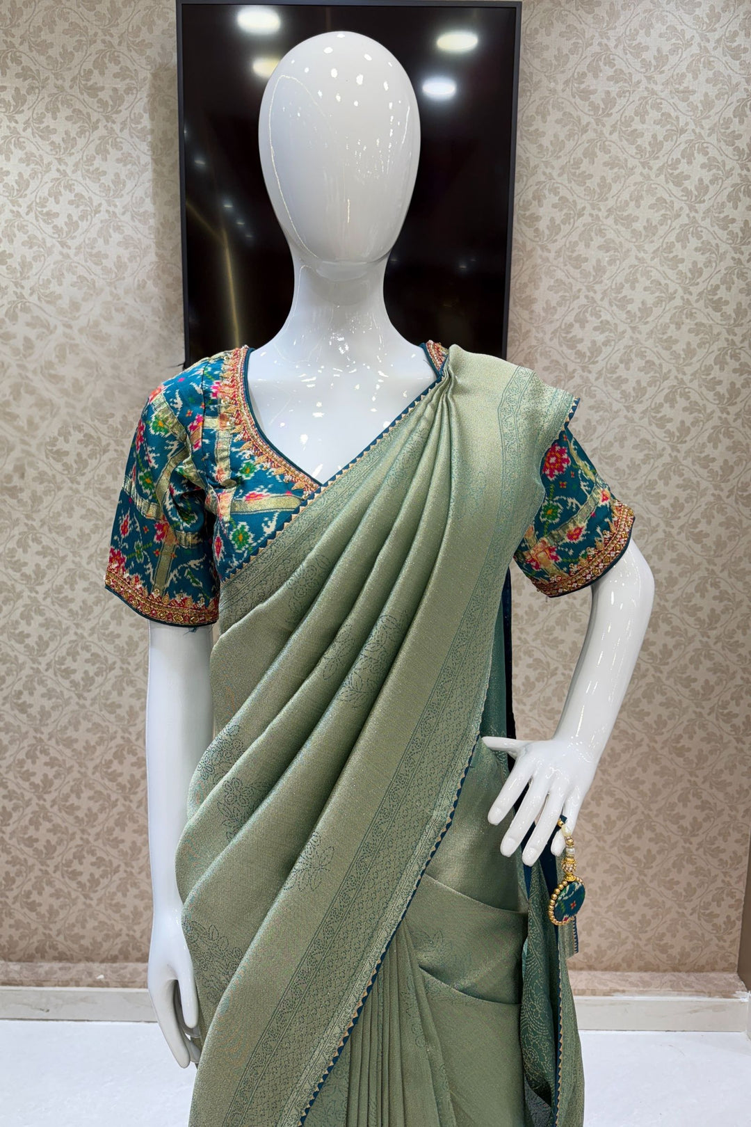 Sea Green Saree with Peacock Blue Beads, Zari and Sequins work with Pochampally Print Blouse