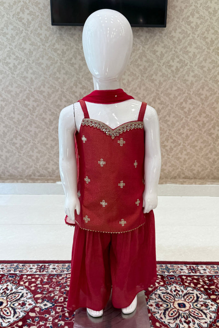 Pinkish Red Sequins, Zari, Beads and Mirror work Palazzo Suit Set for Girls