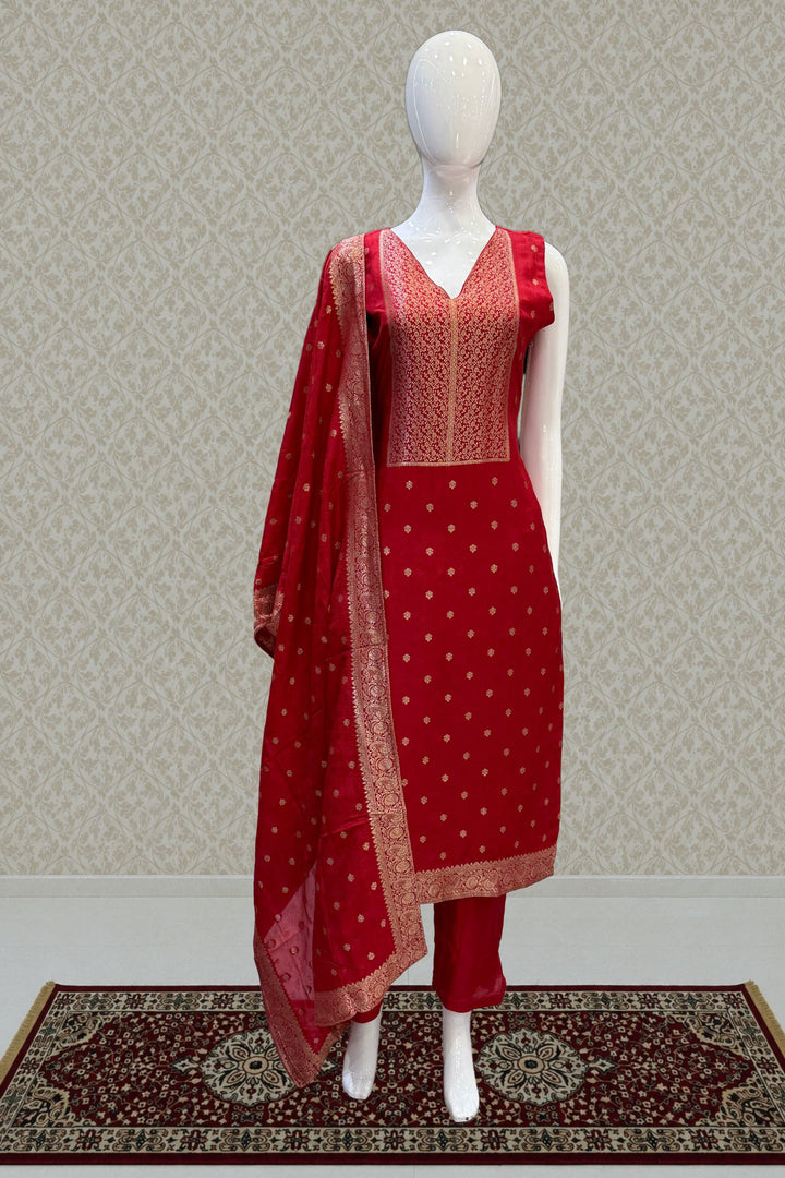 Red Banaras work V-Neck Straight Cut Salwar Suit