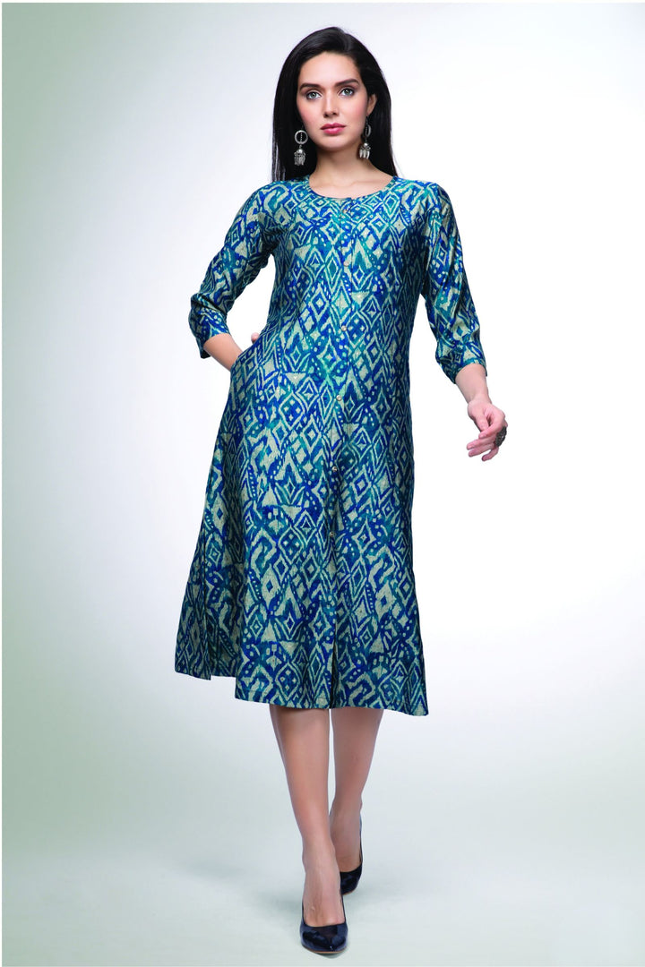 Peacock Blue Digital Print Aline Cut Calf Length Kurti