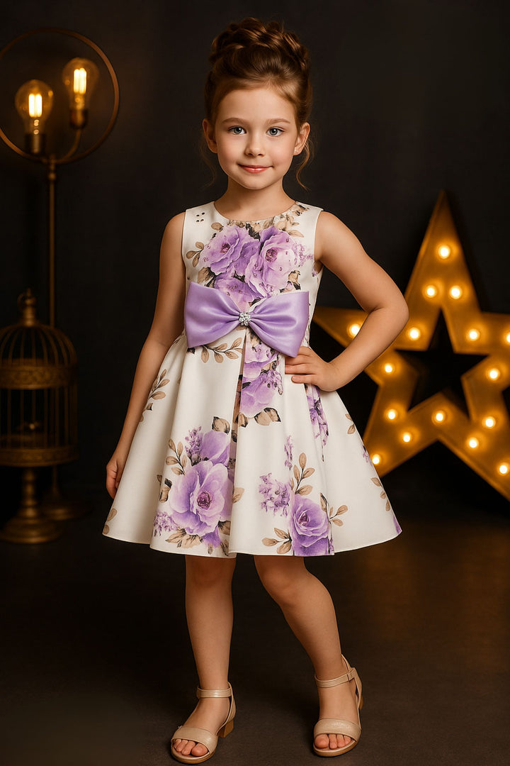 Half White Stone work with Floral Print Short Partywear Frock for Girls