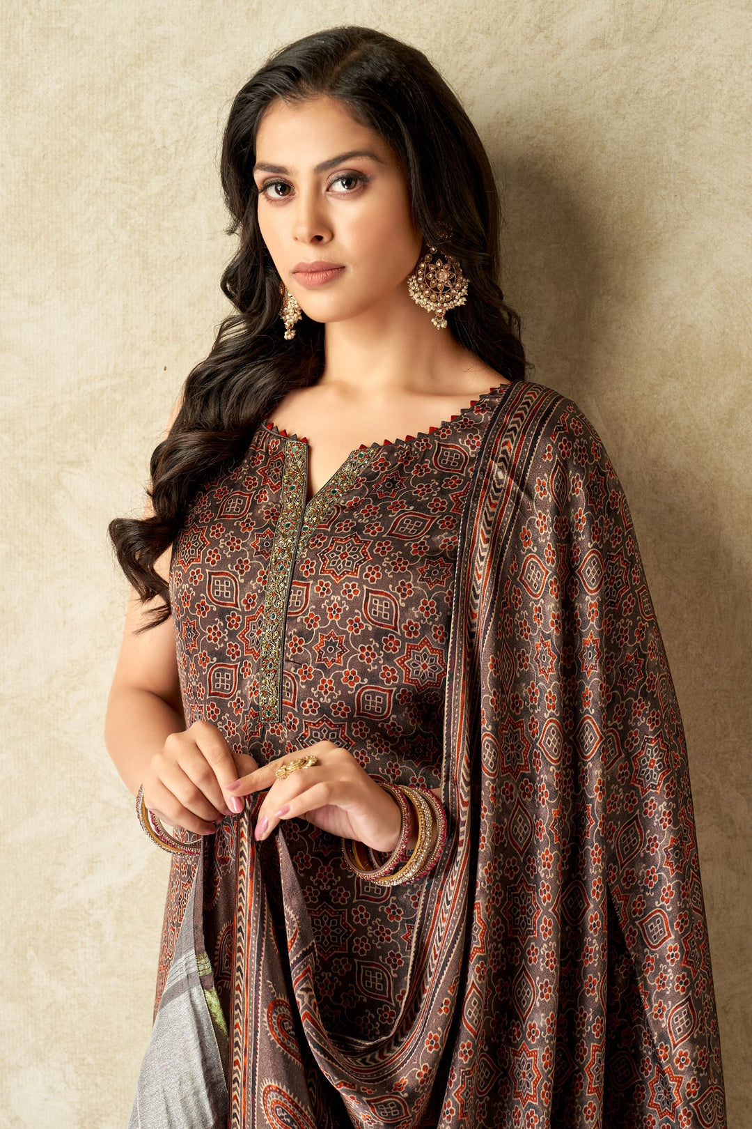 Brown Zardozi, Mirror, Stone and Beads work with Ajrakh Print Straight Cut Salwar Suit