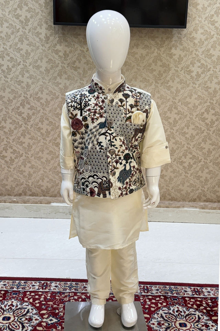 Cream Sequins, Zari and Embroidery work Waist Coat Kurta Set for Boys