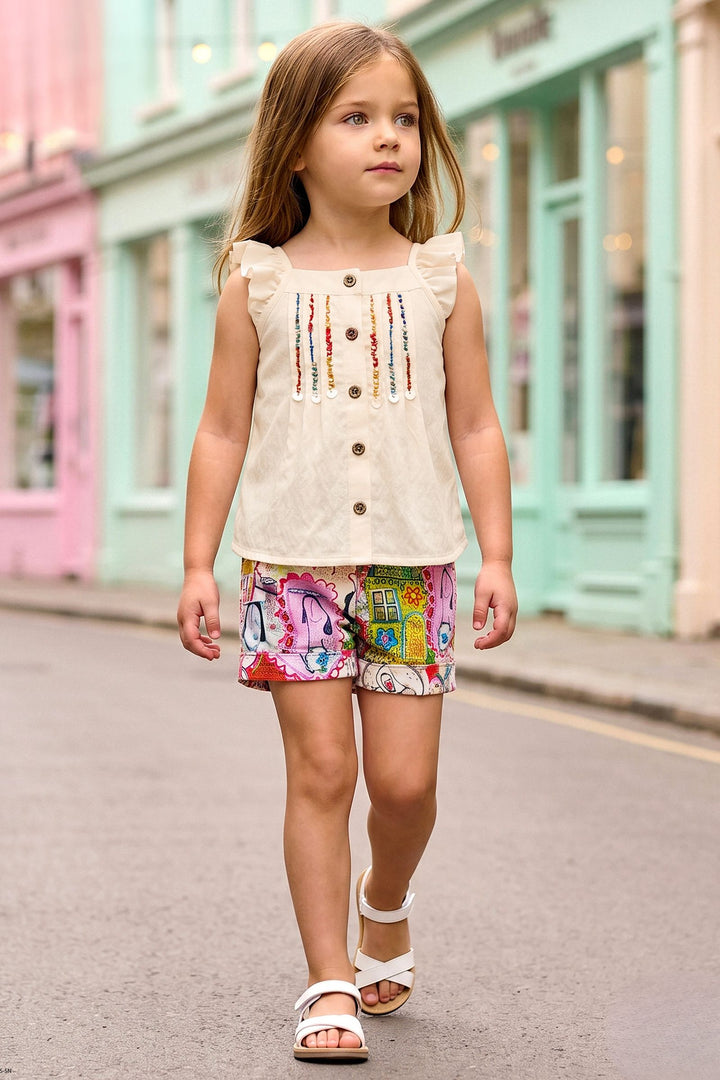 Cream Top with Multicolor Digital Print Shorts For Girls