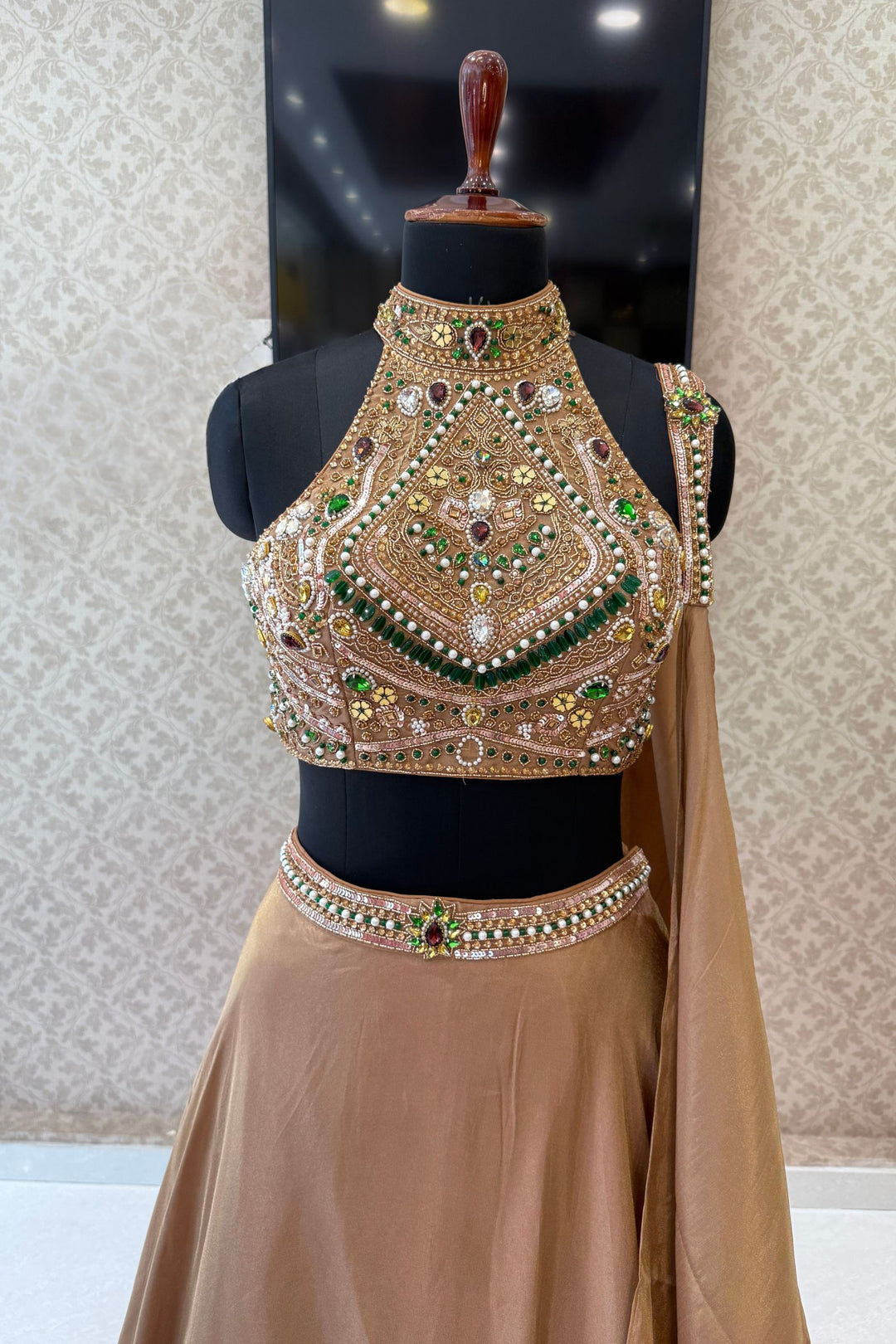 Gold Beads, Zardozi, Stone, Sequins and Pearl work with Halter Neck Crop Top Lehenga