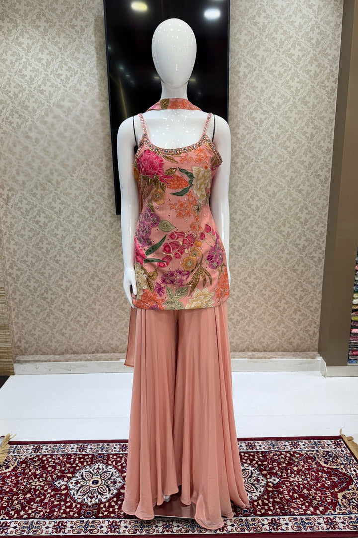 Peach Mirror, Sequins, Zari and Beads work with Floral Print Palazzo Salwar Suit