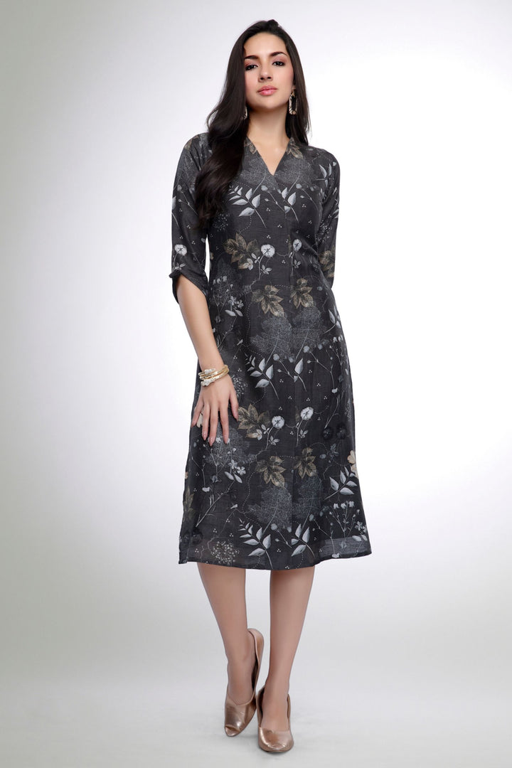 Black with Digital Print and Stone work Calf Length Kurti