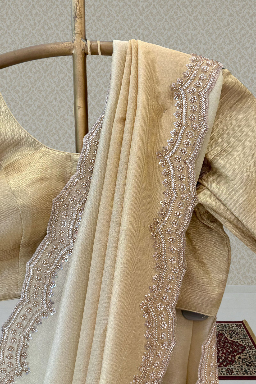 Chiku Saree with Pearl, Zari and Sequins work