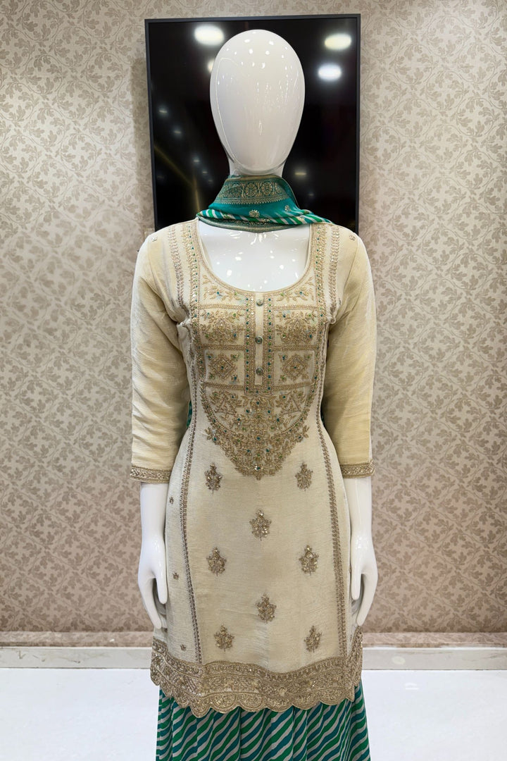 Beige Zari, Sequins and Thread work with Leheriya Print Palazzo Salwar Suit