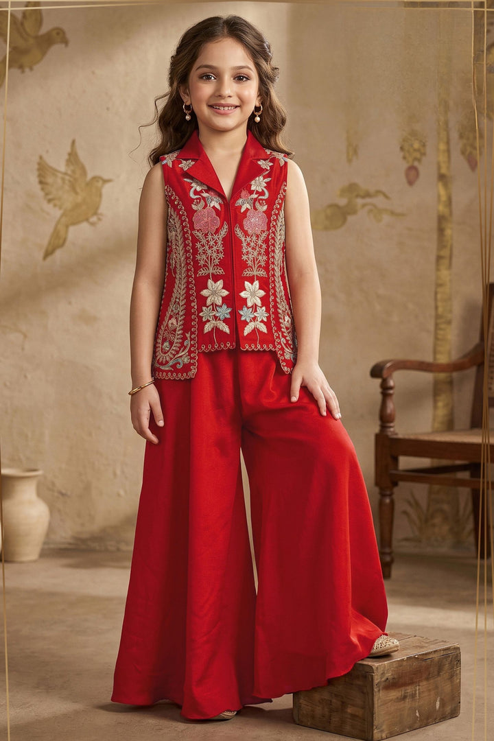 Red Girls Palazzo Set with Embroidery, Beads and Sequins work