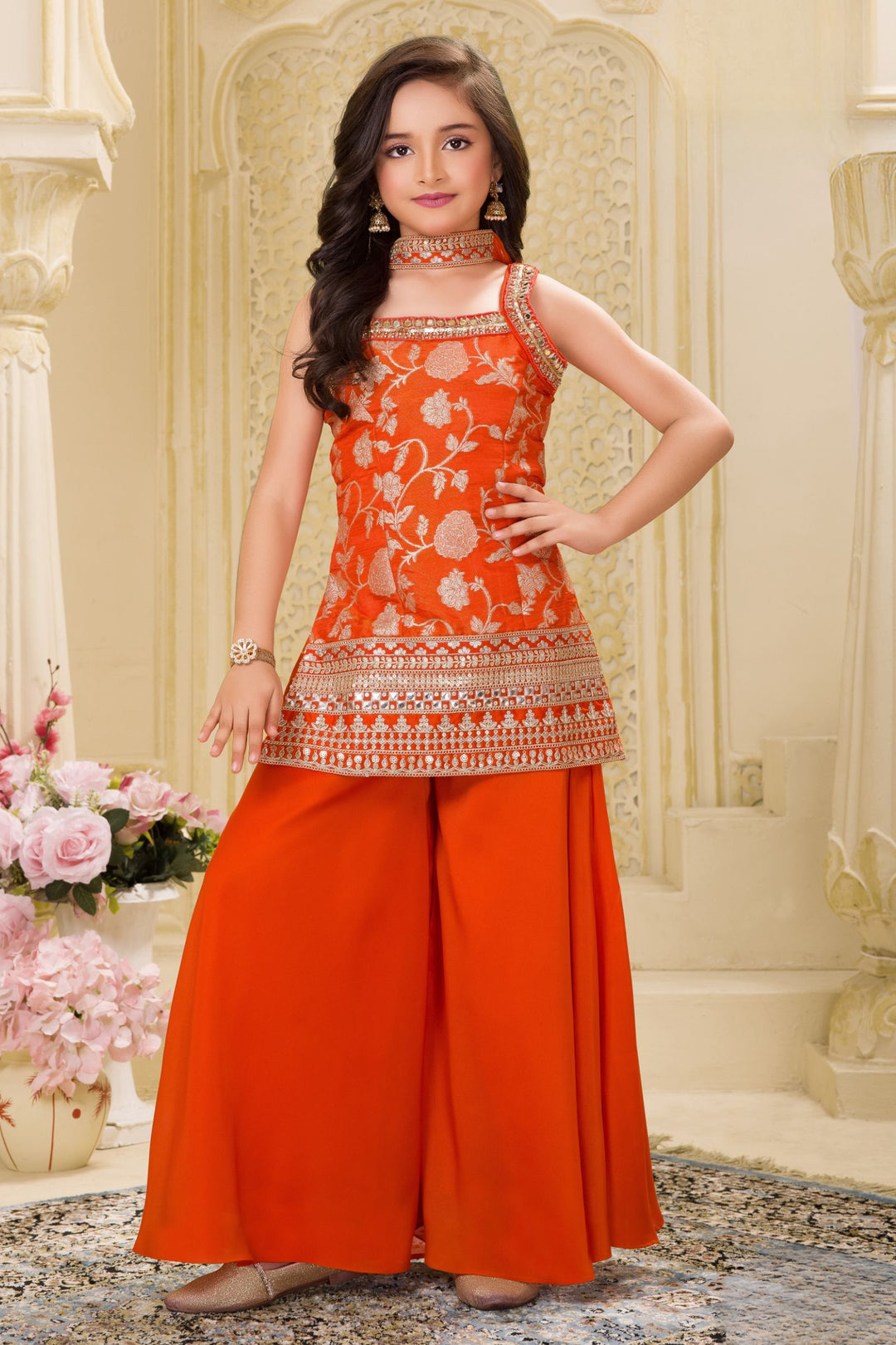 Orange Zari, Sequins, Mirror, Zardozi, Beads and Stone work Palazzo Suit Set for Girls