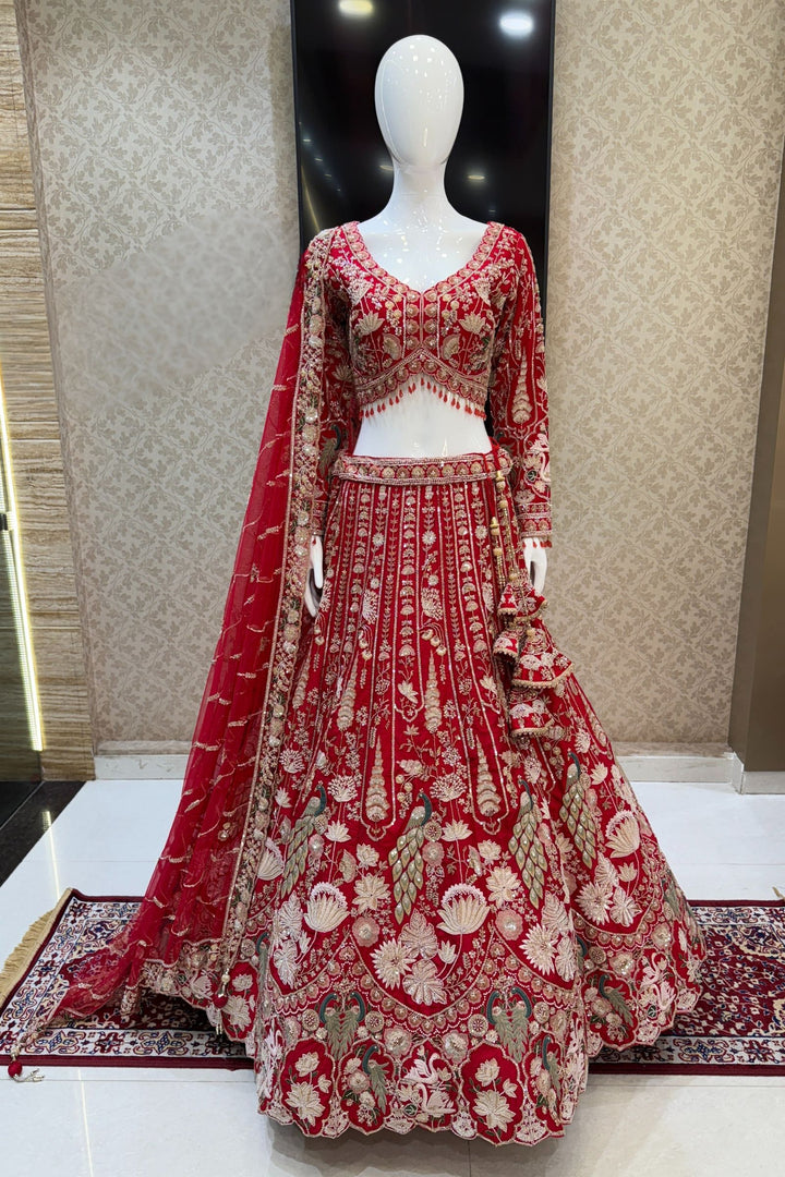 Red Beads, Embroidery, Zari, Sequins and Zardozi work Crop Top Designer Bridal Lehenga