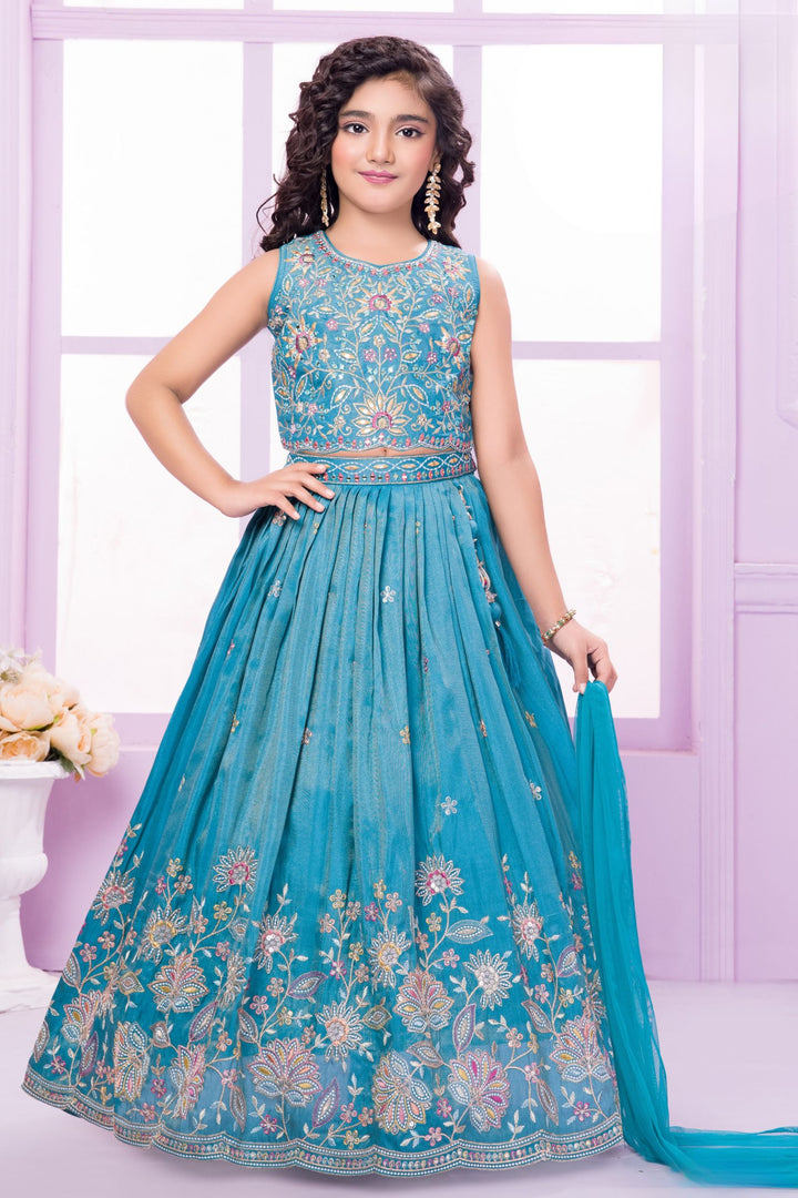 Rama Green Multicolor Thread, Zari, Mirror and Stone work Lehenga Choli for Girls