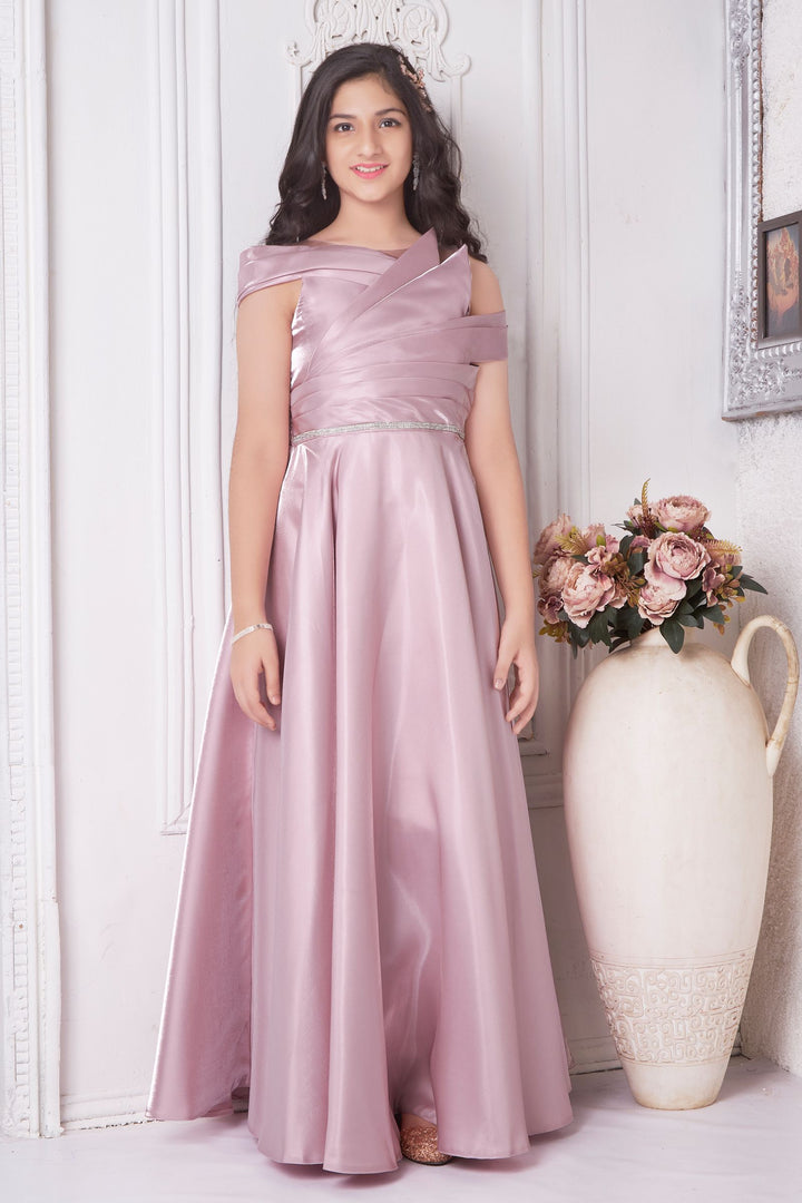 Peach Stone work Long Party Gown for Girls