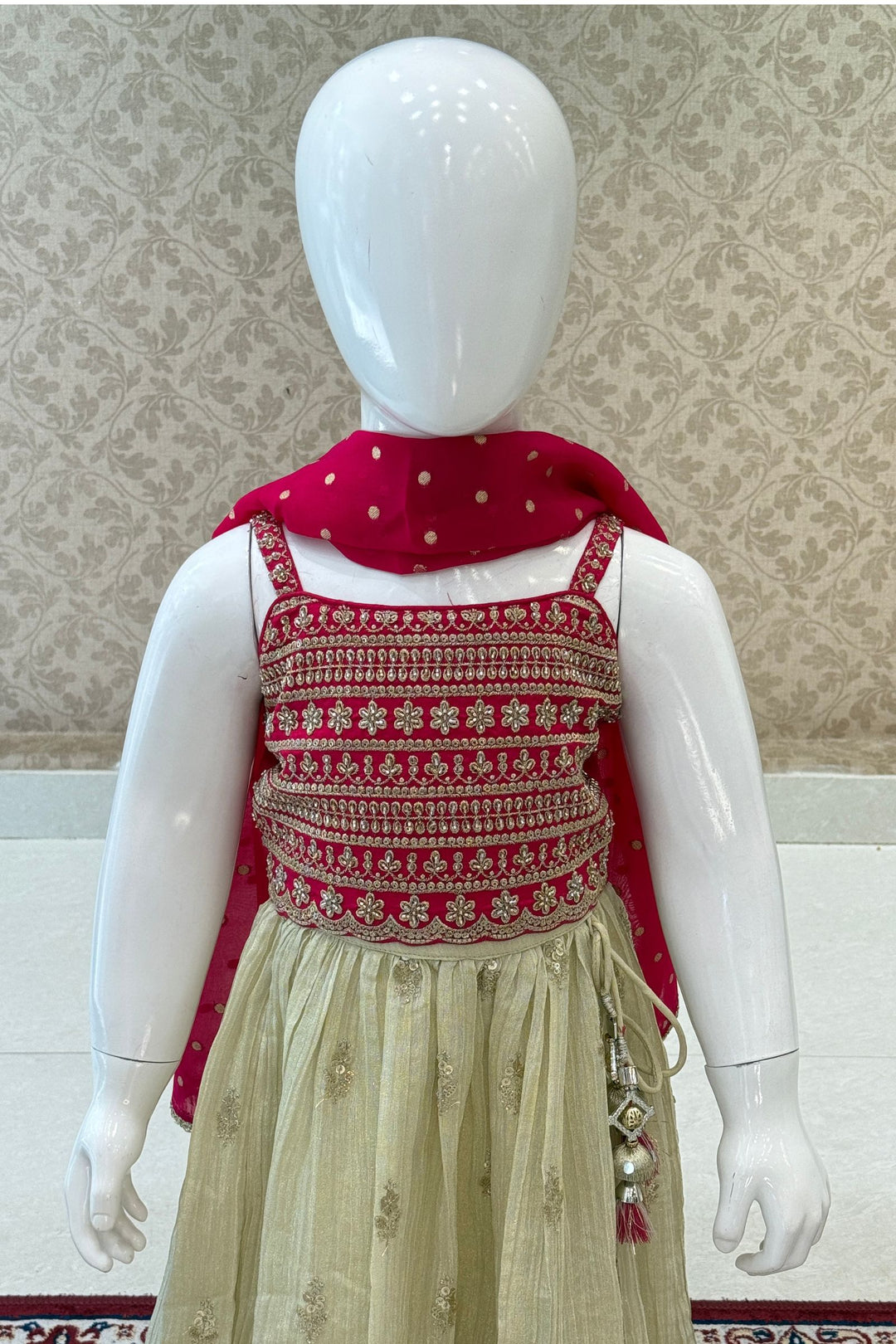 Rani Pink with Cream Sequins, Beads and Zari work Lehenga Choli for Girls